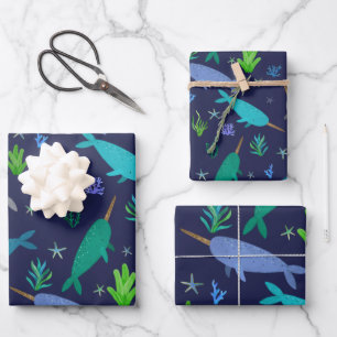 Watercolor Narwhals Under The Sea Gold Wrapping Paper Sheet