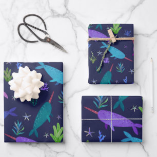 Watercolor Narwhals Under The Sea Gold Wrapping Paper Sheet