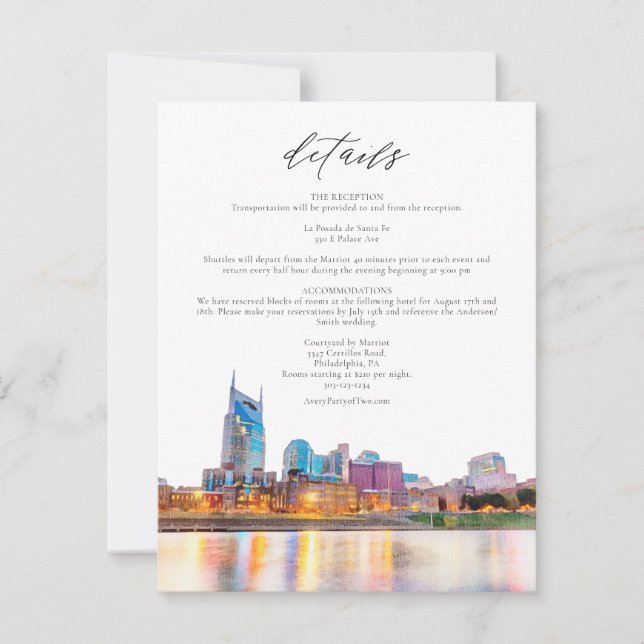 Watercolor Nashville Skyline Wedding Details Card (Front)