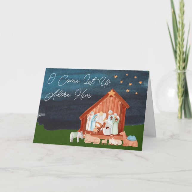 Watercolor Nativity Adore Him Scripture Religious Holiday Card (Front)