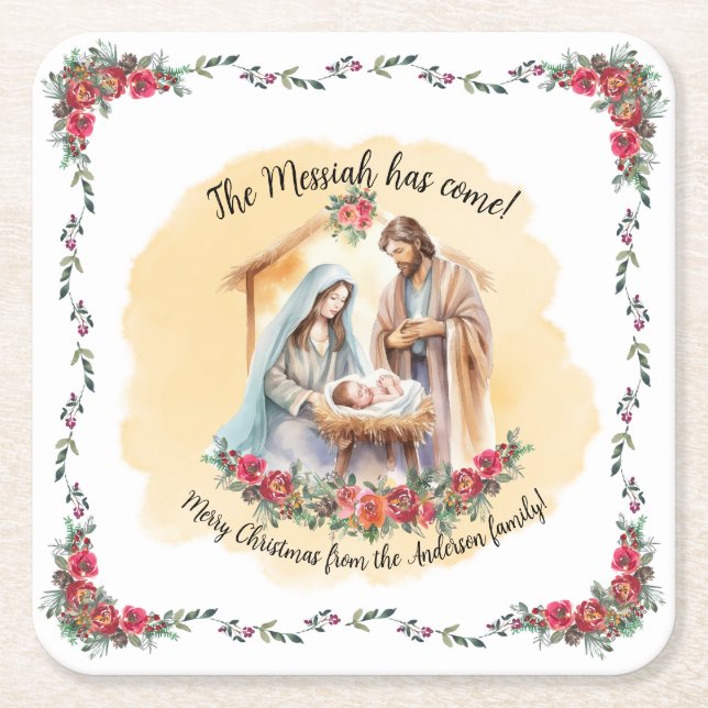 Watercolor nativity and roses customisable napkins square paper coaster (Front)