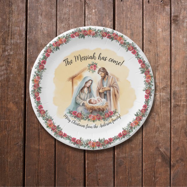 Watercolor nativity and roses customisable paper plate (Creator Uploaded)