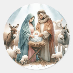 Watercolor Nativity Christmas Classic Round Sticker