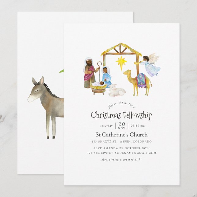 Watercolor Nativity Christmas Party Invitation (Front/Back)