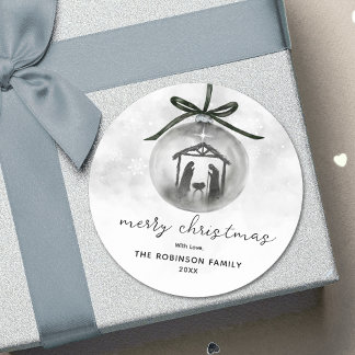 Watercolor Nativity Grey Ornament Merry Christmas Classic Round Sticker