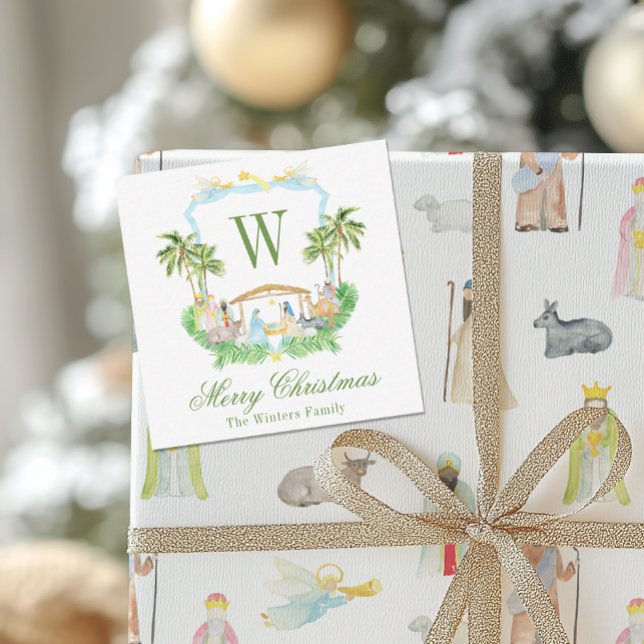 Watercolor Nativity Monogram Crest Christmas Card (Creator Uploaded)