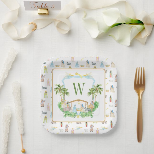 Watercolor Nativity Monogram Crest Christmas Paper Plate (Wedding)