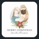 Watercolor Nativity Pretty Christmas | Name Square Sticker<br><div class="desc">These simple, stylish stickers feature a hand painted watercolor Nativity scene (Baby Jesus, Mary, and Joseph), along with a poinsettia floral design. Text templates are included for a greeting and personalisation. Great for use as envelope seals, favour labels, gift tags, and more! Remind your friends and family about the true...</div>