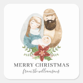 Watercolor Nativity Pretty Christmas | Name Square Sticker