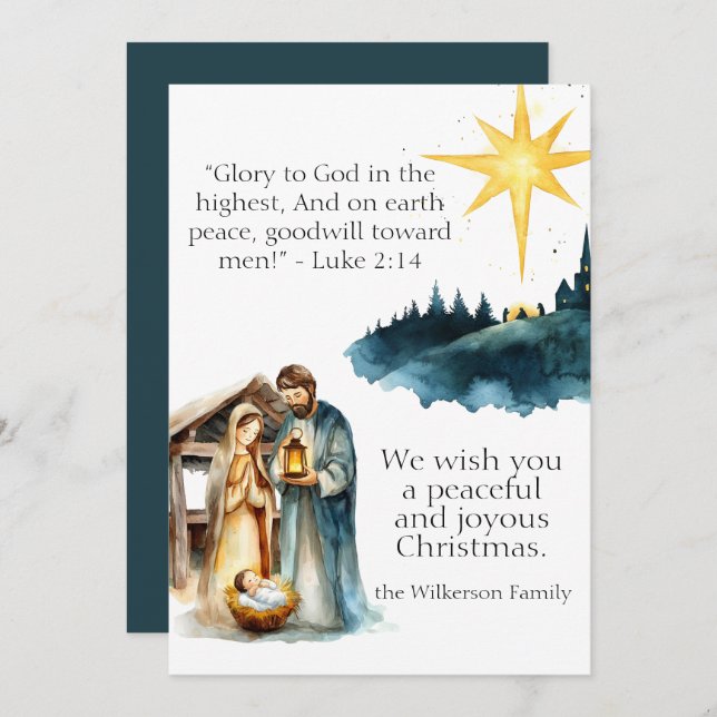 Watercolor Nativity Scene and Christmas Prayer Holiday Card (Front/Back)