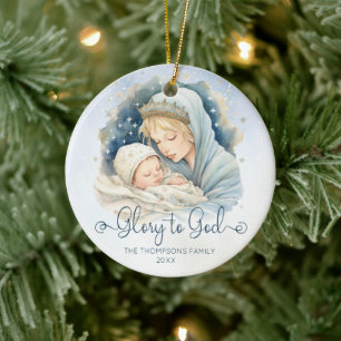 Watercolor Nativity Scene Glory to God Christmas Ceramic Tree Decoration