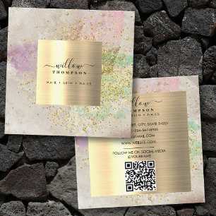 Watercolor Natural Stone Faux Gold Glitter QR Code Square Business Card