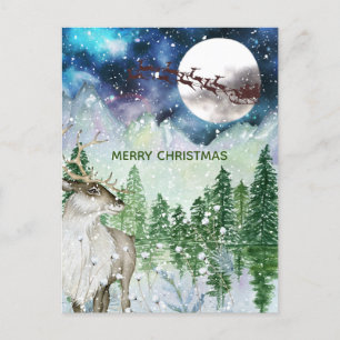 Watercolor Nature Christmas Santa Reindeer Deer Postcard