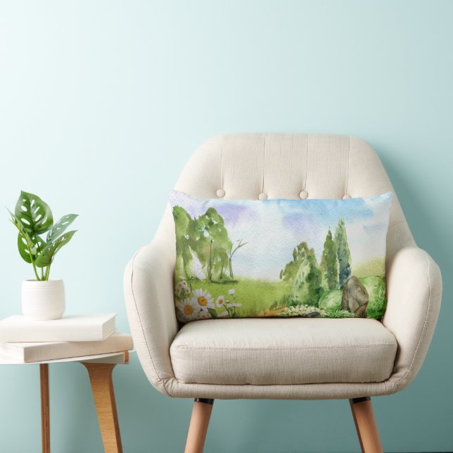 Watercolor Nature Landscape and Daisy Flowers Lumbar Cushion (Chair)