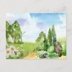 Watercolor Nature Landscape and Daisy Flowers Postcard