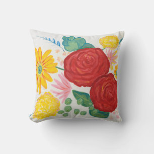 Watercolor Nature Red Rose Yellow Daisy Floral Cushion