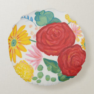 Watercolor Nature Red Rose Yellow Daisy Floral  Round Cushion