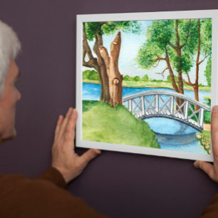 Watercolor Nature Scene with Wooden Bridge Poster