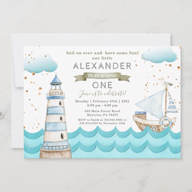 Watercolor Nautical 1st Birthday Party Invitation (Front)