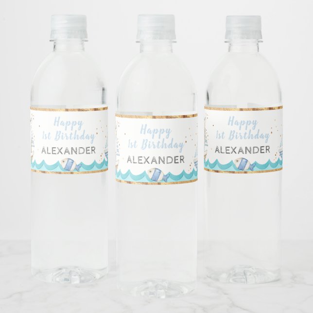 Watercolor Nautical 1st Birthday  Water Bottle Label (Bottles)