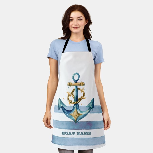 Watercolor Nautical Anchor Light Blue Stripes Apron (Worn)