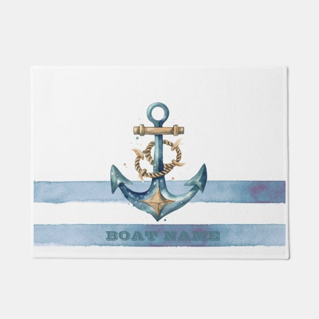 Watercolor Nautical Anchor Light Blue Stripes Doormat (Front)