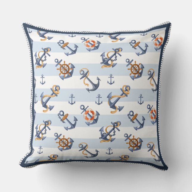 Watercolor Nautical Anchor & Ship Wheel Pattern Cushion (Front)