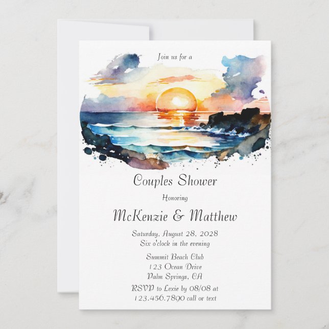 Watercolor Nautical Beach Scene Couples Shower Invitation (Front)