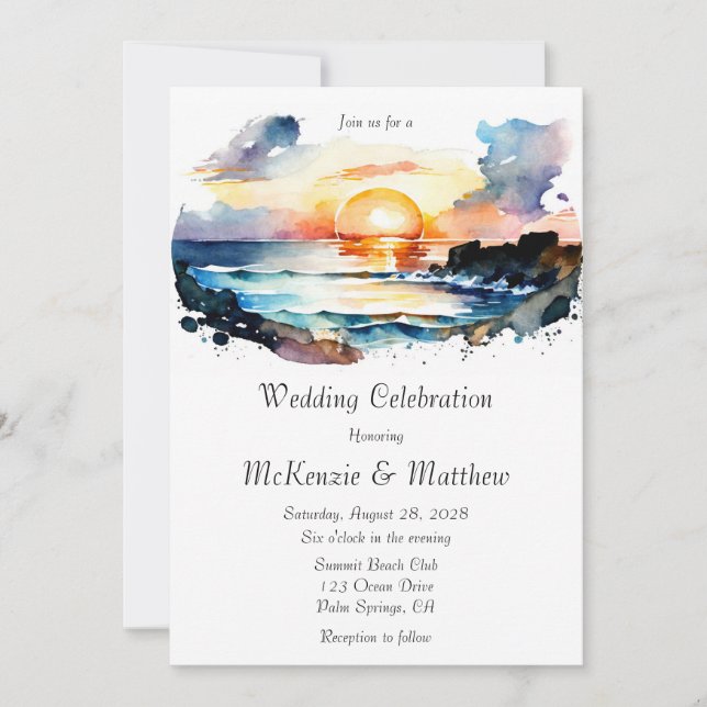 Watercolor Nautical Beach Scene Wedding Invitation (Front)