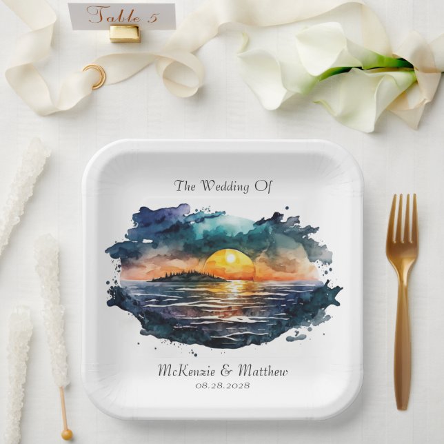 Watercolor Nautical Beach Scene Wedding Paper Plate (Wedding)