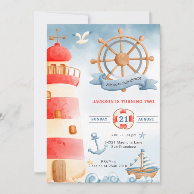 Watercolor Nautical Birthday  Invitation (Front)