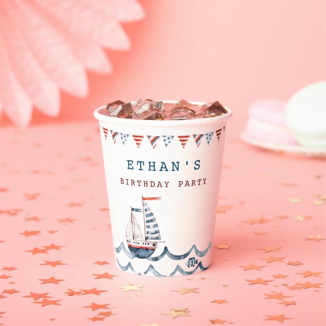 Watercolor nautical birthday party paper cups (Insitu)