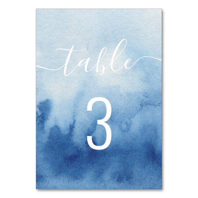 Watercolor nautical blue wedding. Modern script Table Number (Front)