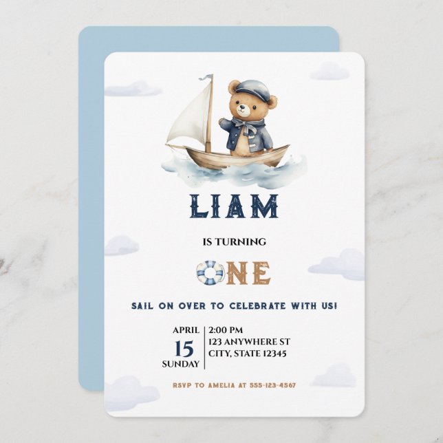 Watercolor Nautical Boy Teddy Bear Sailor Birthday Invitation (Front/Back)
