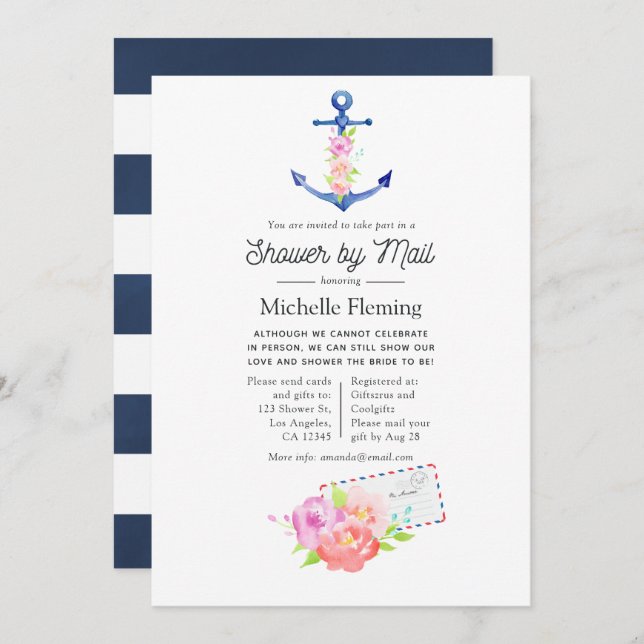 Watercolor Nautical Bridal Shower by Mail Invitation (Front/Back)
