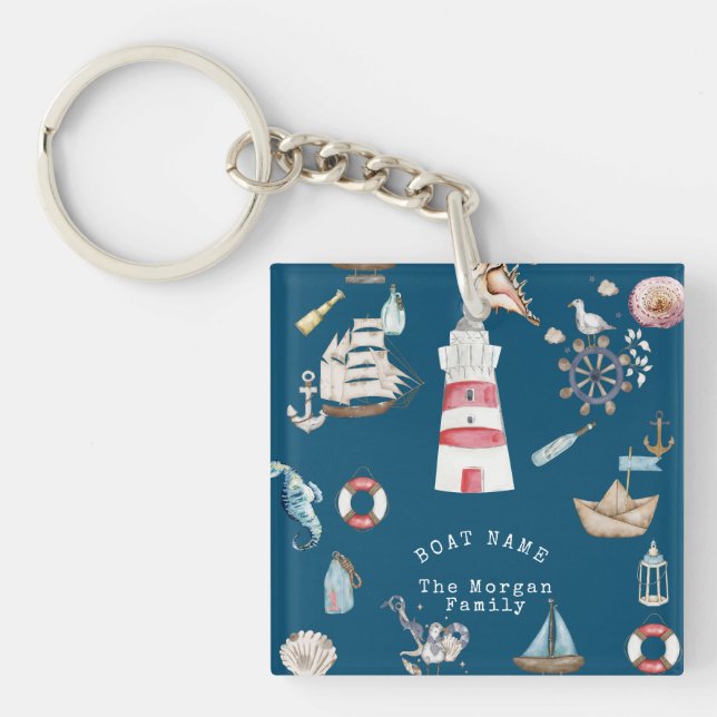 Watercolor Nautical Elements Blue Key Ring (Front)
