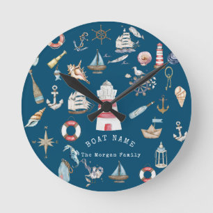 Watercolor Nautical Elements Blue Round Clock