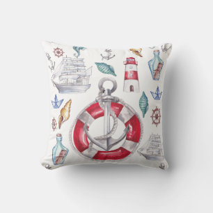 Watercolor Nautical elements Red Stripes Cushion