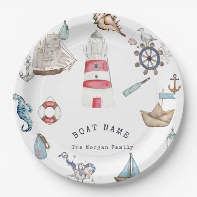 Watercolor Nautical Elements Sailor Paper Plate (Front)