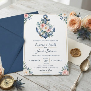 Watercolor Nautical Floral Anchor Wedding Invitation