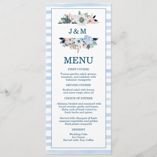 Watercolor Nautical Floral Beach Blue Stripes Menu (Front)