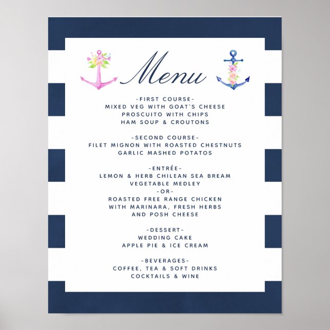Watercolor Nautical Floral Wedding Menu Poster (Front)