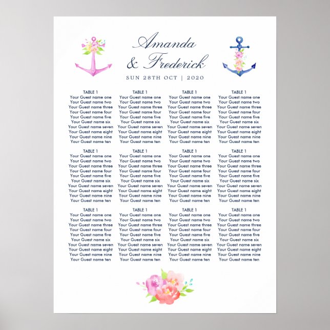 Watercolor Nautical Floral Wedding Seating Chart (Front)