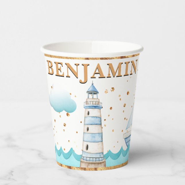 Watercolor Nautical Lighthouse Birthday Paper cup (Left)