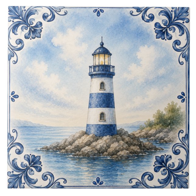 Watercolor Nautical Lighthouse Ceramic Tile (Front)