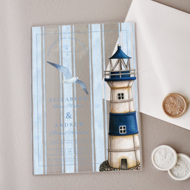 Watercolor Nautical Lighthouse Wedding Acrylic Invitations (Creator Uploaded)
