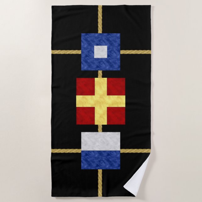 Watercolor Nautical Maritime Signal Flag Monogram Beach Towel (Front)