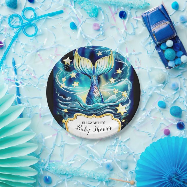 Watercolor Nautical Mermaid Baby Shower Paper Plate (Party)