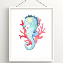 Watercolor Nautical Ocean Seahorse and Coral