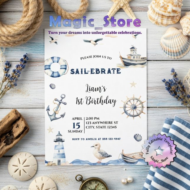 Watercolor Nautical Sail-Ebrate Sailboat Birthday Invitation (Creator Uploaded)
